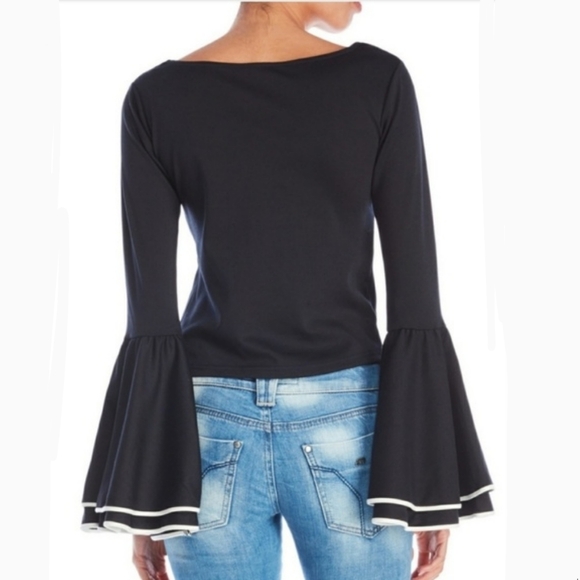 Ronny Kobo Top Cropped Flared Layered Bell Sleeve Knit Black White XS NWT - Picture 5 of 7